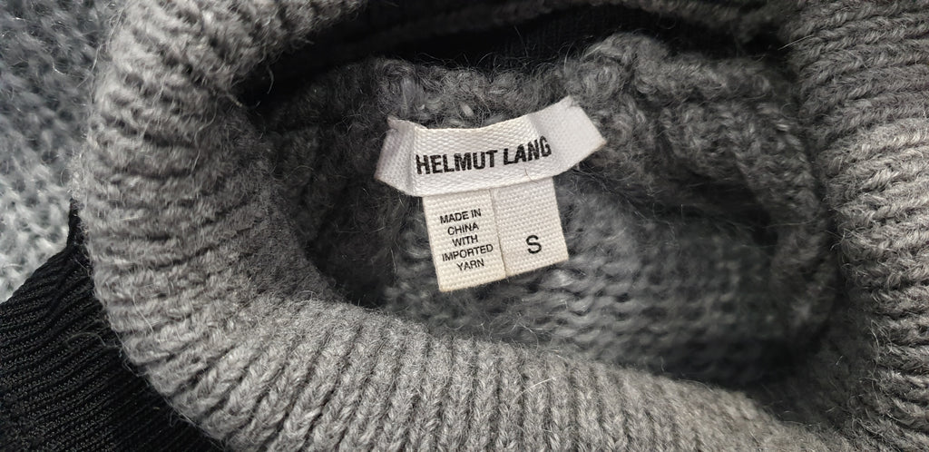 HELMUT LANG Grey & Black Chunky Rib Polo Neck Long Sleeve Jumper Sweater Top S