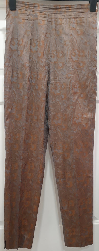 NICOLE FARHI Orange Beige Grey Silk Sheen Floral Print Tapered Trousers Pants 10