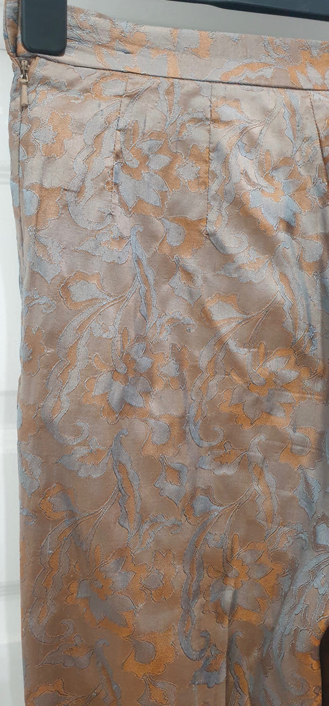 NICOLE FARHI Orange Beige Grey Silk Sheen Floral Print Tapered Trousers Pants 10