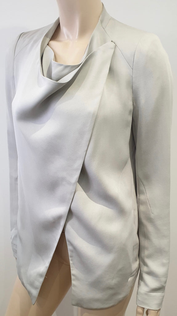 HELMUT LANG Pale Grey Draped Round Neck Long Sleeve Lined Blazer Jacket 6 UK10