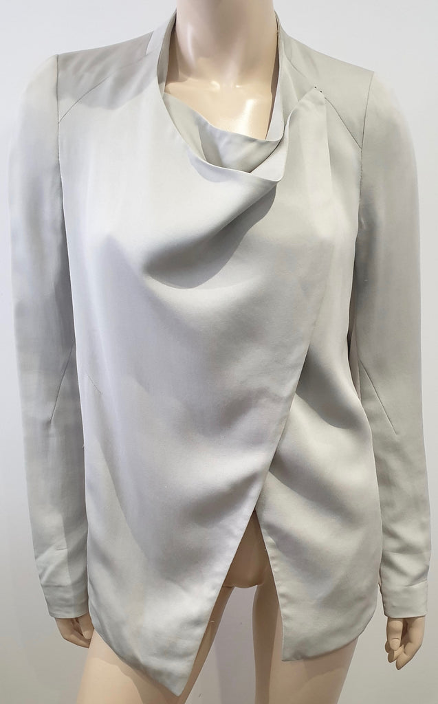 HELMUT LANG Pale Grey Draped Round Neck Long Sleeve Lined Blazer Jacket 6 UK10