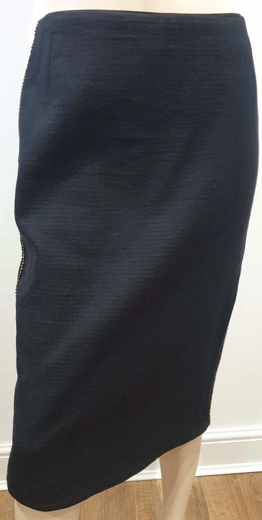DRIES VAN NOTEN Midnight Navy Black Gold Tone Stud Formal Pencil Skirt FR38 UK10