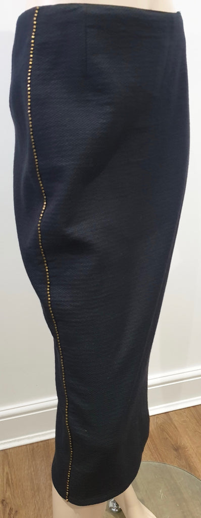 DRIES VAN NOTEN Midnight Navy Black Gold Tone Stud Formal Pencil Skirt FR38 UK10