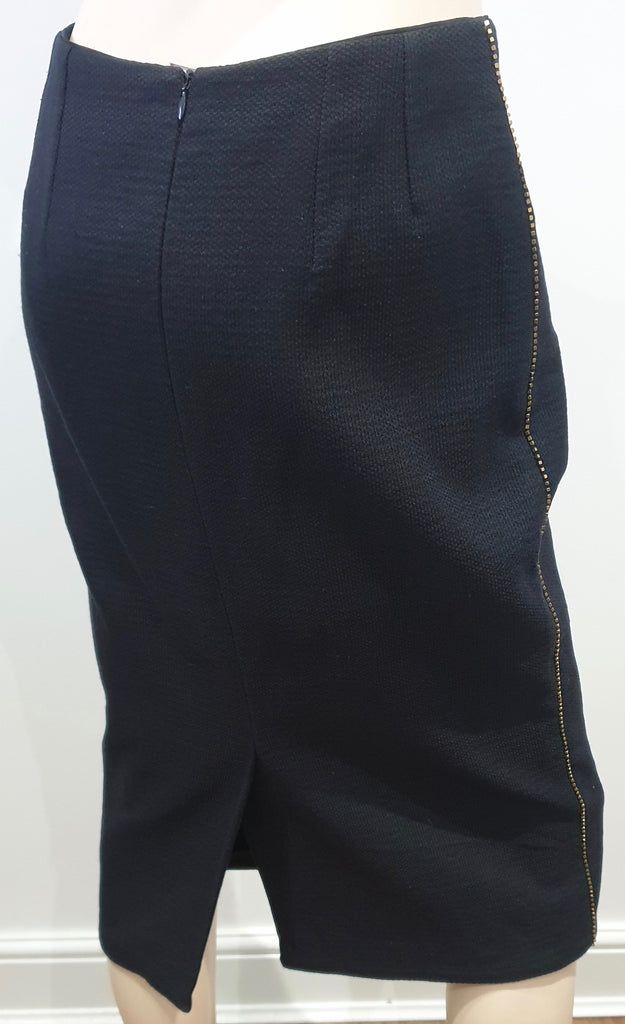 DRIES VAN NOTEN Midnight Navy Black Gold Tone Stud Formal Pencil Skirt FR38 UK10