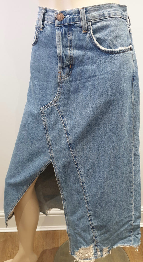 CURRENT / ELLIOTT Blue Cotton Blend Denim Distressed Fray A-Line Casual Skirt 27