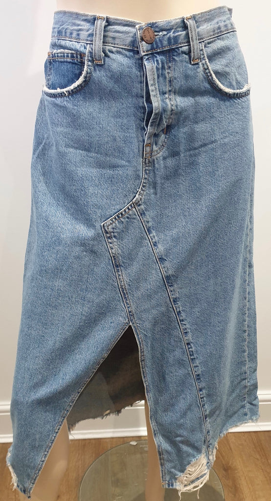 CURRENT / ELLIOTT Blue Cotton Blend Denim Distressed Fray A-Line Casual Skirt 27