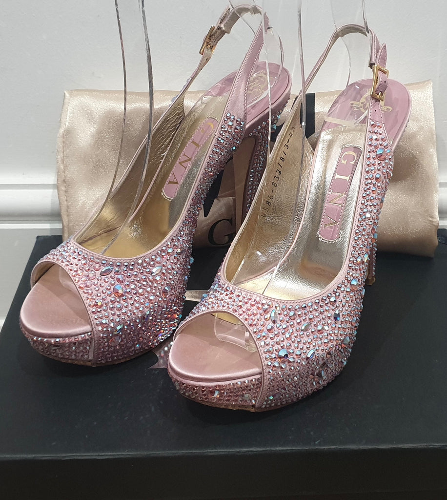 GINA Pink Leather & Satin Crystal Embellished Peep Toe Platform Evening Sandals