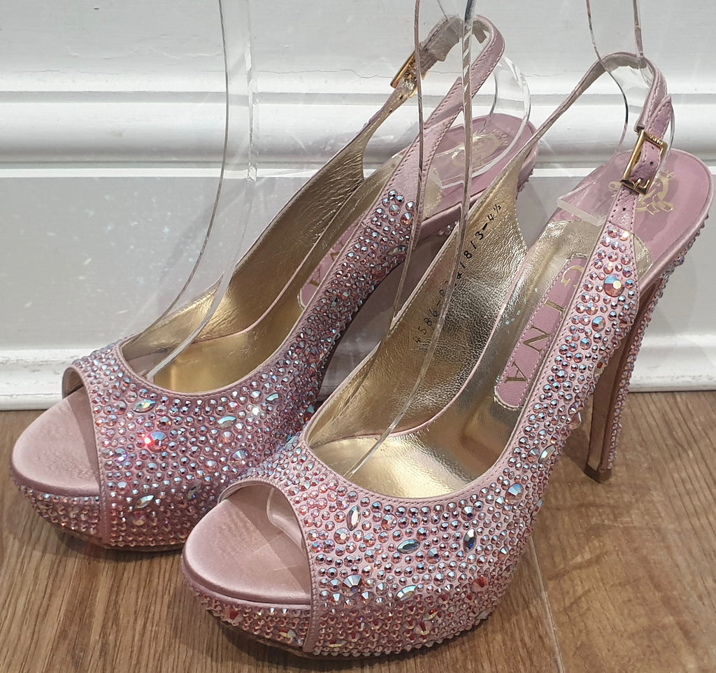 GINA Pink Leather & Satin Crystal Embellished Peep Toe Platform Evening Sandals