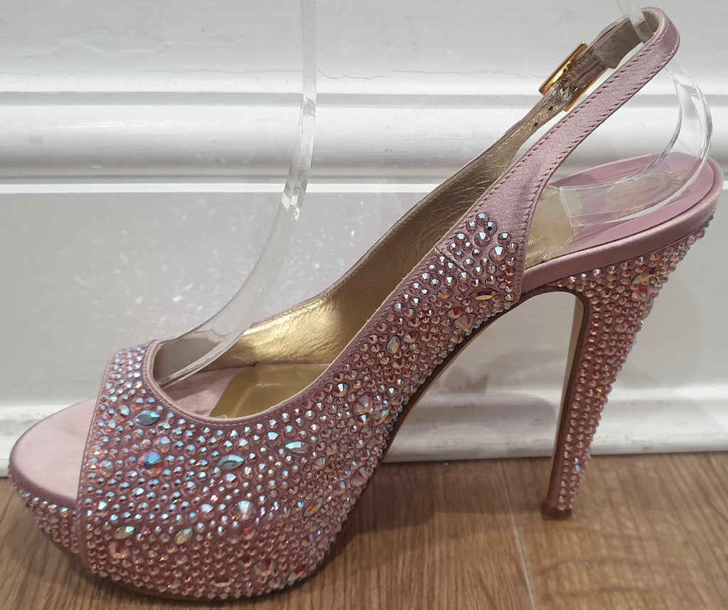 GINA Pink Leather & Satin Crystal Embellished Peep Toe Platform Evening Sandals
