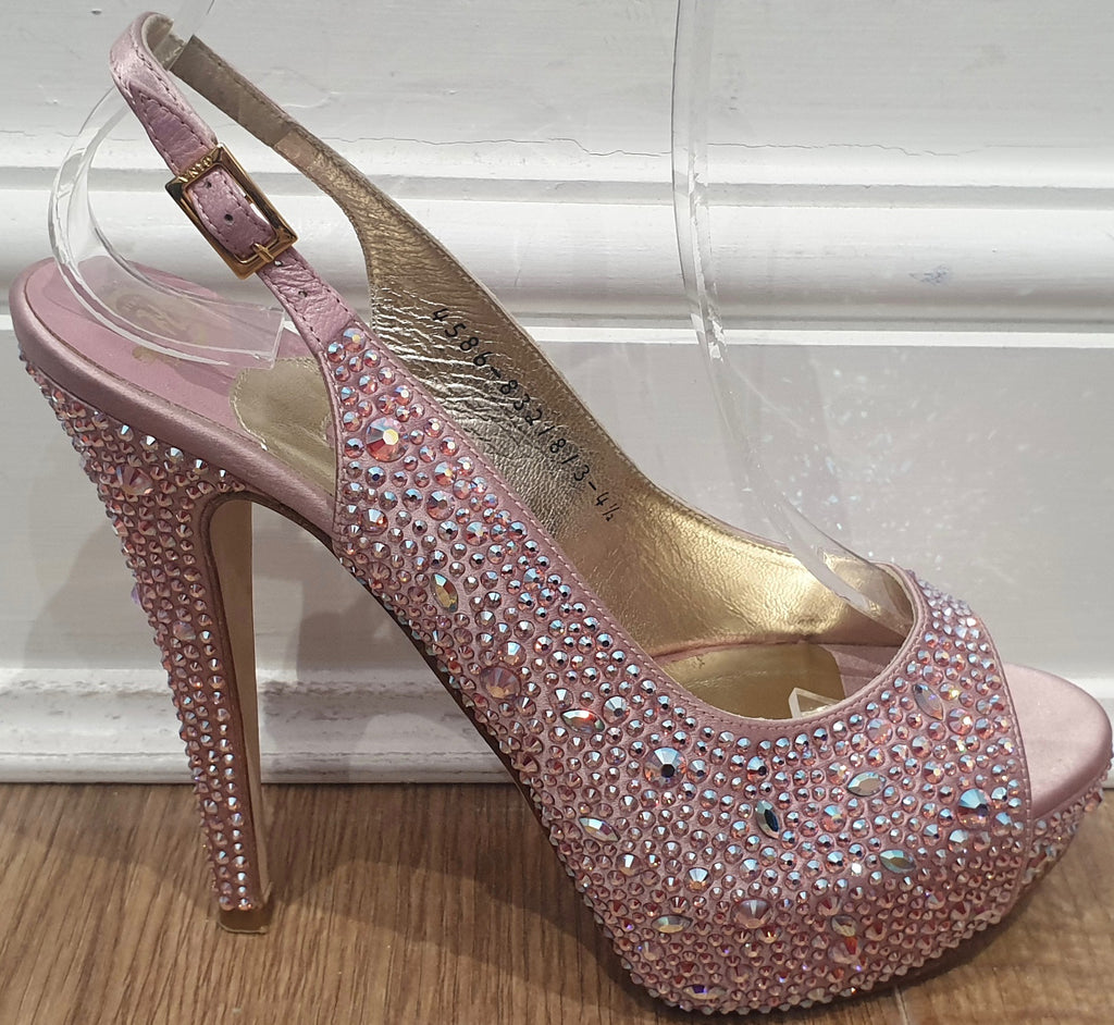 GINA Pink Leather & Satin Crystal Embellished Peep Toe Platform Evening Sandals