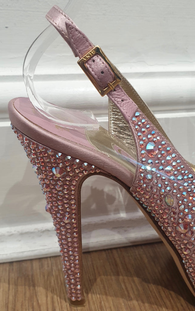 GINA Pink Leather & Satin Crystal Embellished Peep Toe Platform Evening Sandals