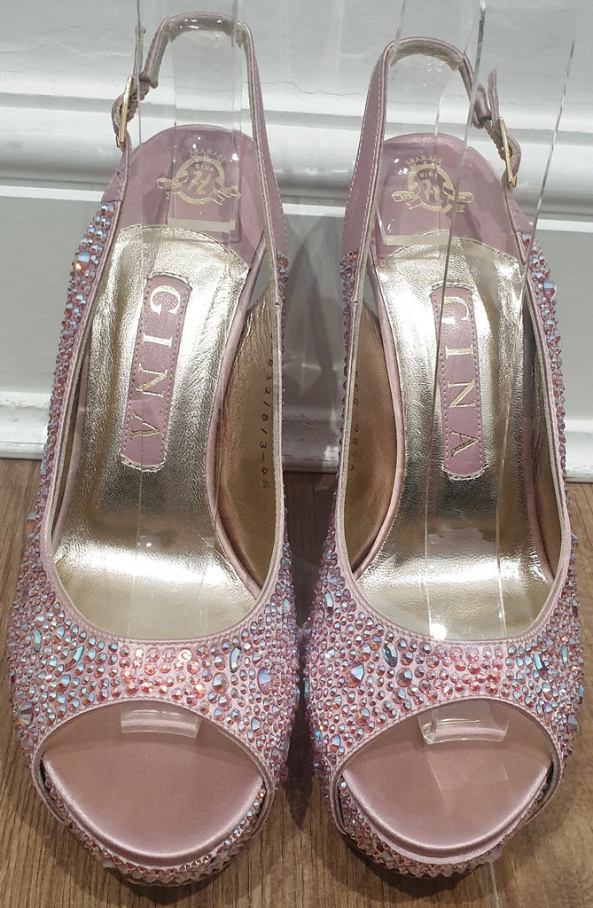 GINA Pink Leather & Satin Crystal Embellished Peep Toe Platform Evening Sandals