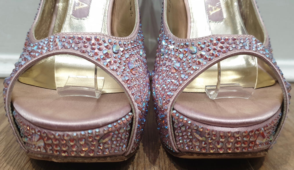 GINA Pink Leather & Satin Crystal Embellished Peep Toe Platform Evening Sandals