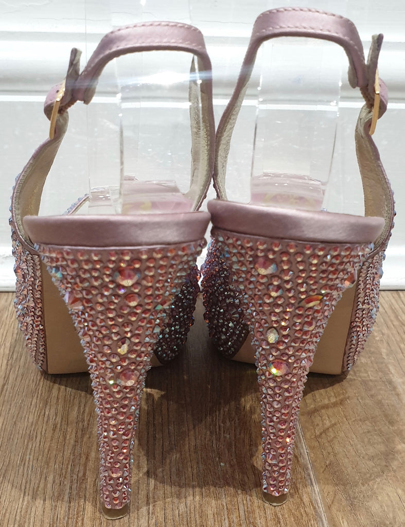 GINA Pink Leather & Satin Crystal Embellished Peep Toe Platform Evening Sandals