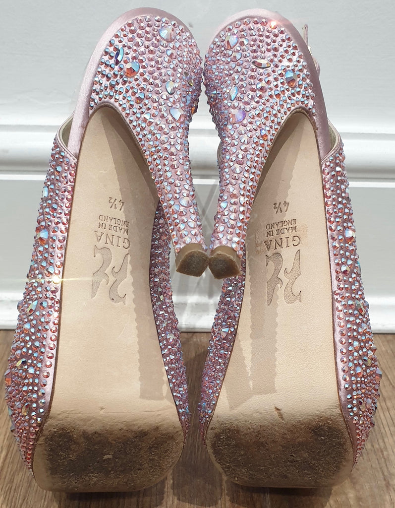 GINA Pink Leather & Satin Crystal Embellished Peep Toe Platform Evening Sandals
