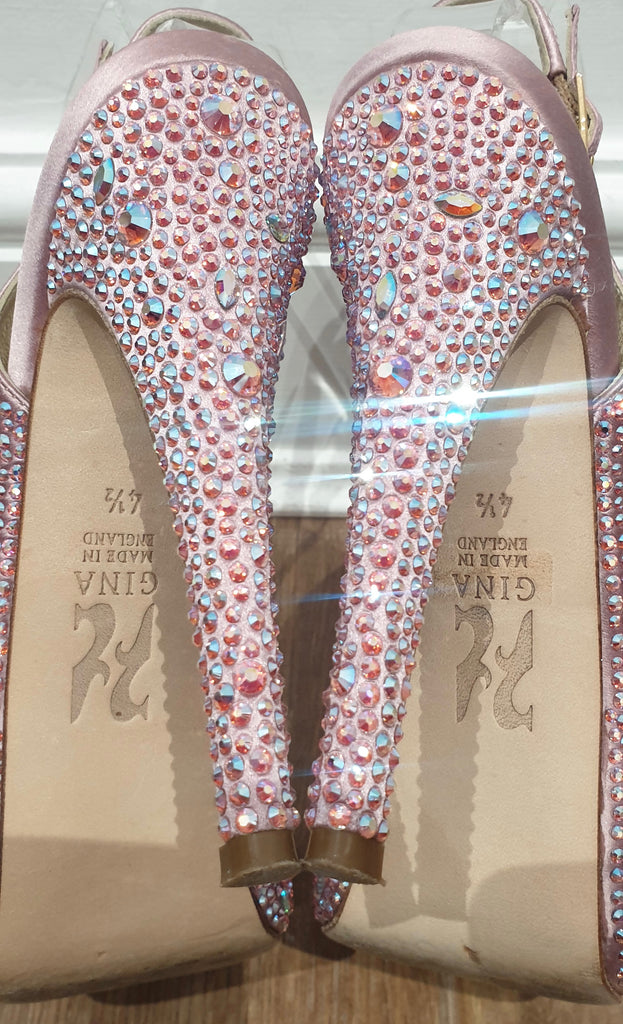 GINA Pink Leather & Satin Crystal Embellished Peep Toe Platform Evening Sandals