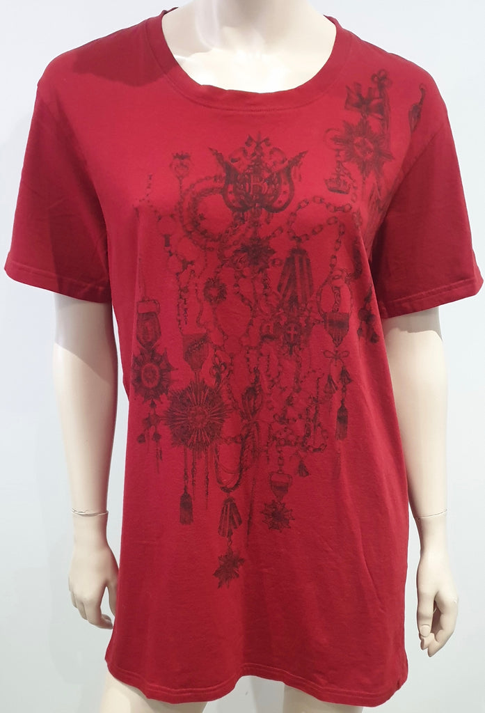 BALMAIN Menswear Burgundy Red Cotton Printed Front Short Sleeve T-Shirt Tee Top