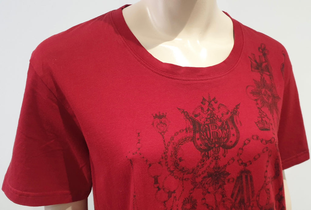 BALMAIN Menswear Burgundy Red Cotton Printed Front Short Sleeve T-Shirt Tee Top