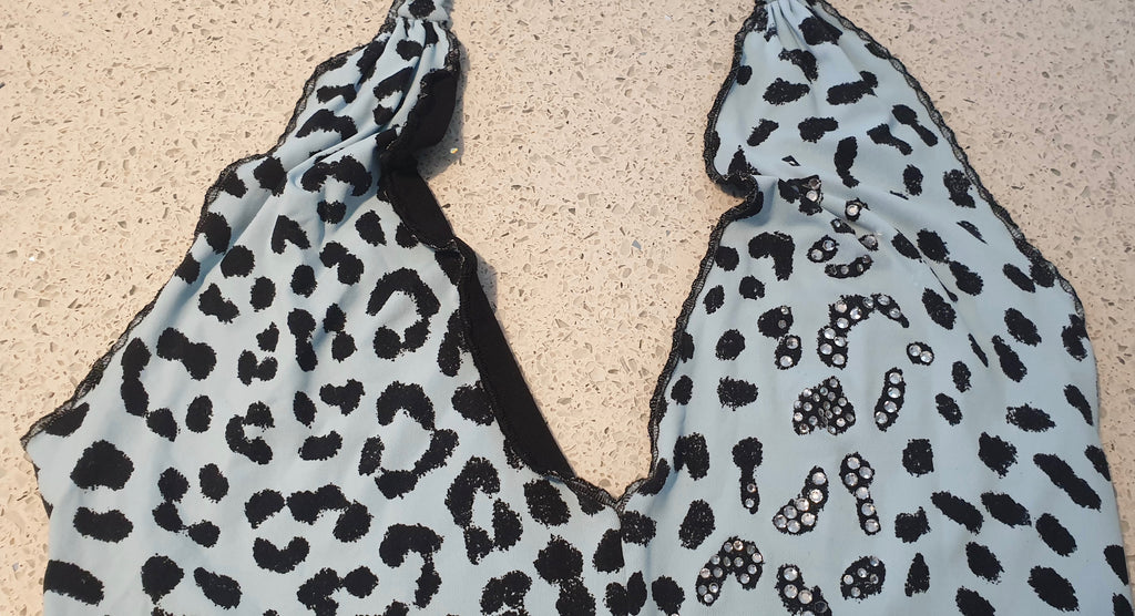 DESIGNER MADE IN ITALY Blue & Black Animal Print Diamante Halter Neck Swimsuit S