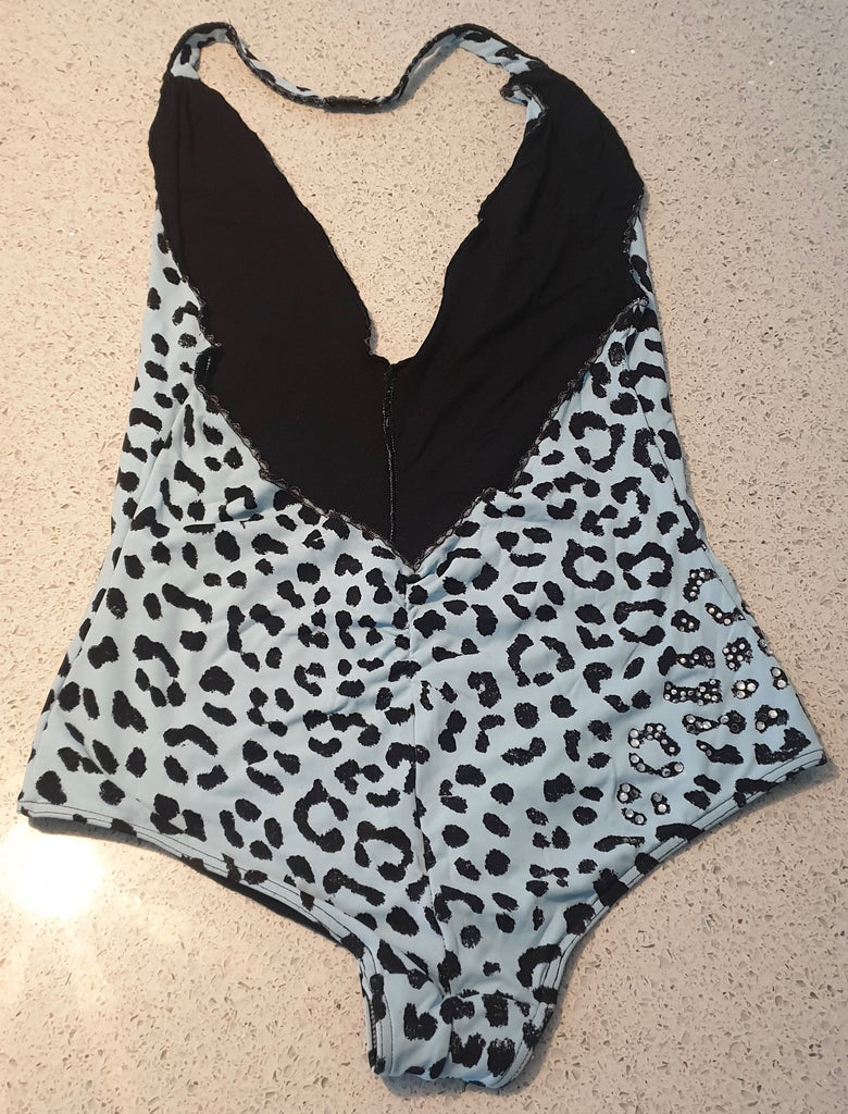 DESIGNER MADE IN ITALY Blue & Black Animal Print Diamante Halter Neck Swimsuit S