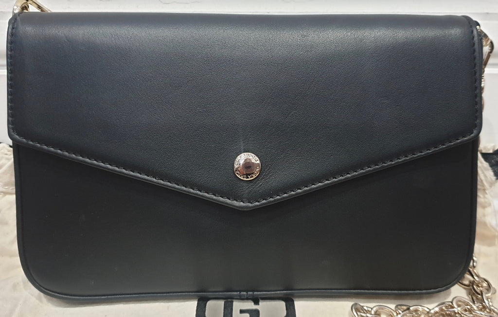 GLORIA ORTIZ Black Leather Detachable Metallic Chain Shoulder Strap Clutch Bag