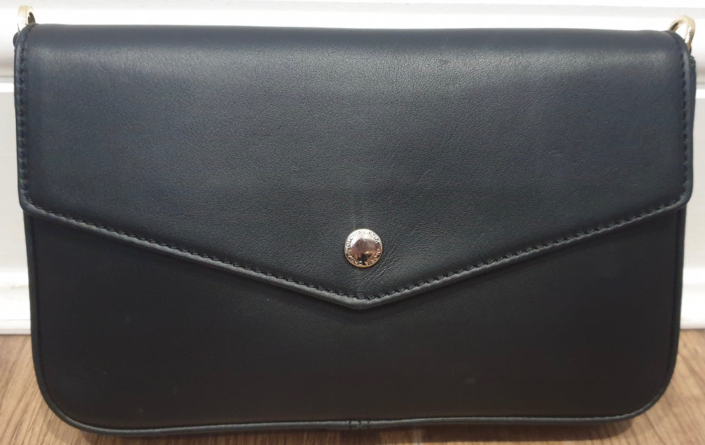 GLORIA ORTIZ Black Leather Detachable Metallic Chain Shoulder Strap Clutch Bag