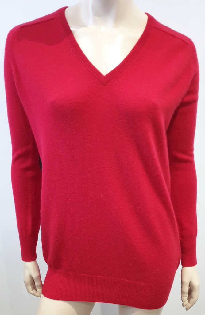 JOSEPH Red Cashmere V Neck Black Leather Elbow Patch Jumper Sweater Top S