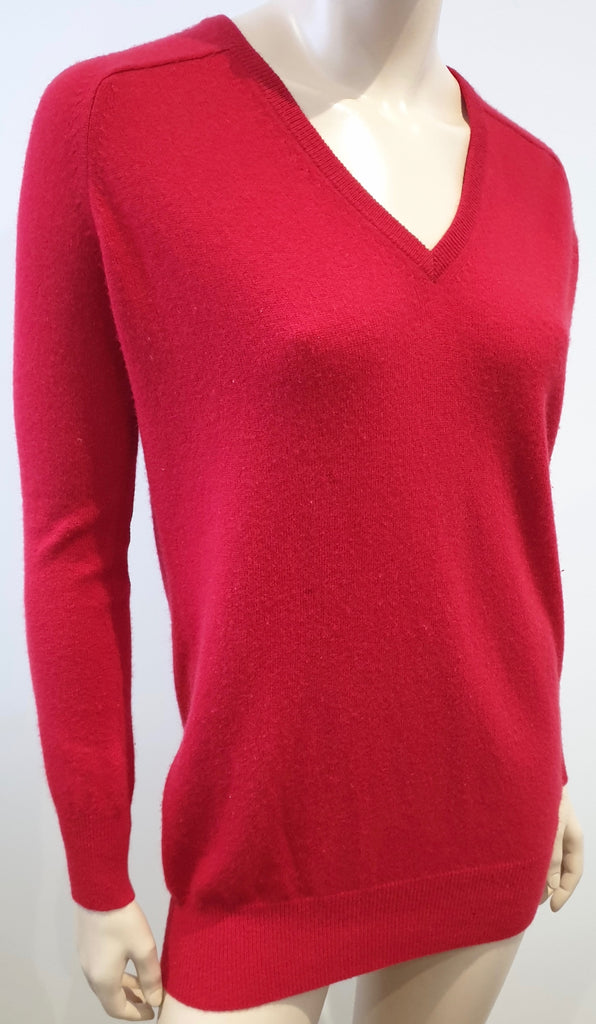 JOSEPH Red Cashmere V Neck Black Leather Elbow Patch Jumper Sweater Top S