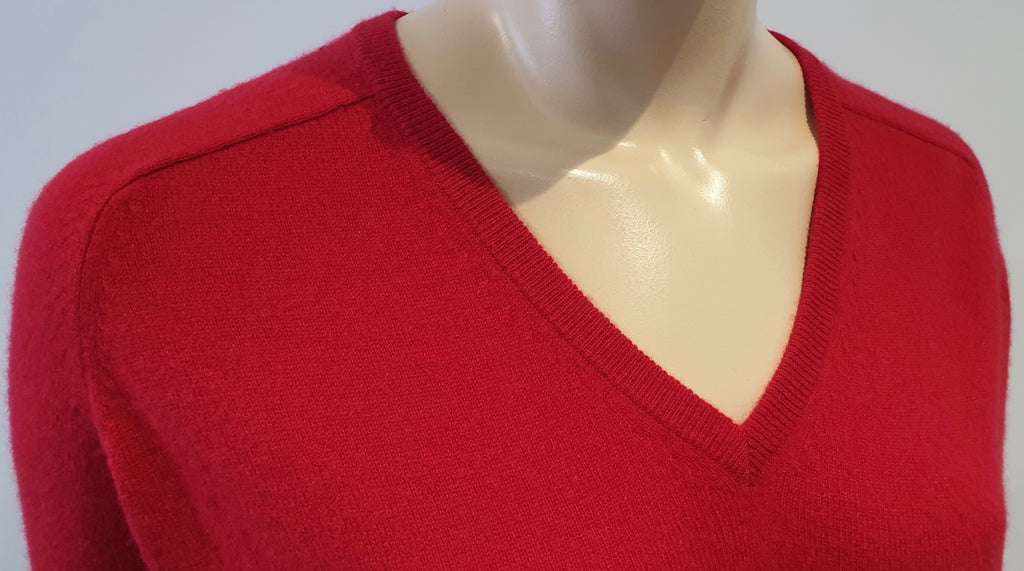 JOSEPH Red Cashmere V Neck Black Leather Elbow Patch Jumper Sweater Top S