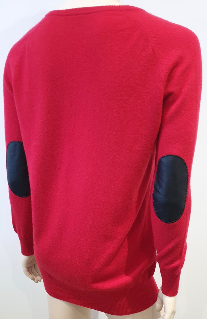 JOSEPH Red Cashmere V Neck Black Leather Elbow Patch Jumper Sweater Top S