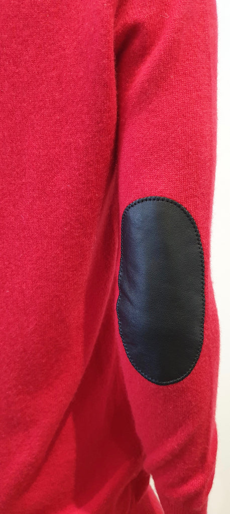 JOSEPH Red Cashmere V Neck Black Leather Elbow Patch Jumper Sweater Top S
