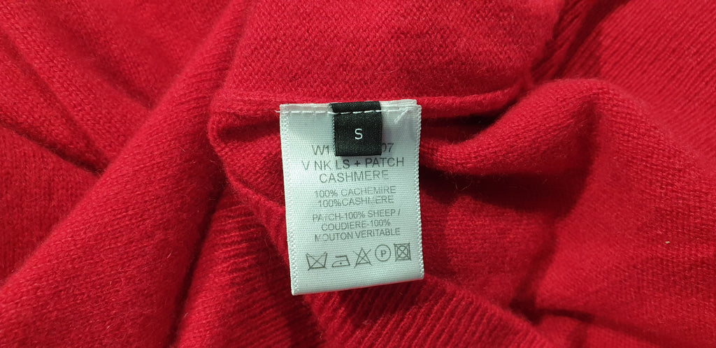 JOSEPH Red Cashmere V Neck Black Leather Elbow Patch Jumper Sweater Top S