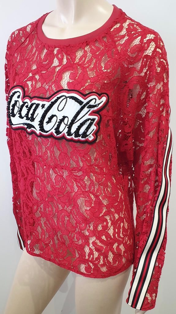 PINKO COCA COLA Collaboration Round Neck Crystal Long Sleeve Lace Blouse Top L