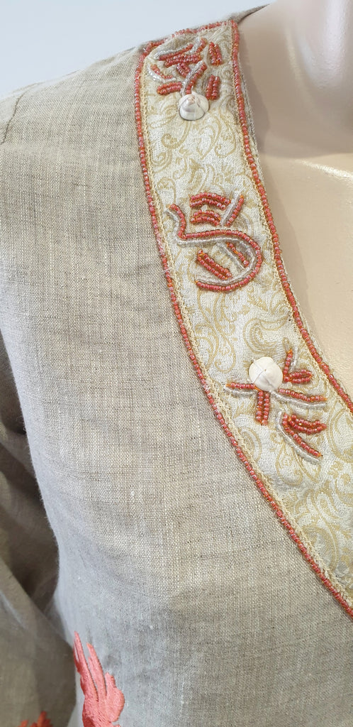 BARBARA GERWIT Beige V Neck Embroidered Shell Detail Beachwear Tunic Kaftan Top