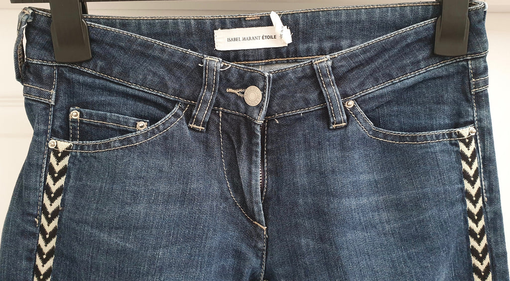 ISABEL MARANT ETOILE Blue Cotton Aztec Trim Slim Leg Jeans Trousers Pants 36 UK8