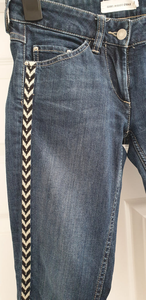 ISABEL MARANT ETOILE Blue Cotton Aztec Trim Slim Leg Jeans Trousers Pants 36 UK8