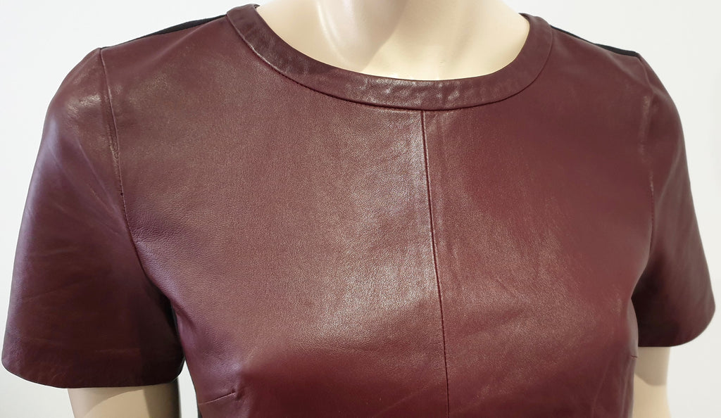 HALOGEN Burgundy Leather & Black Jersey Panelled Short Sleeve Blouse Top S
