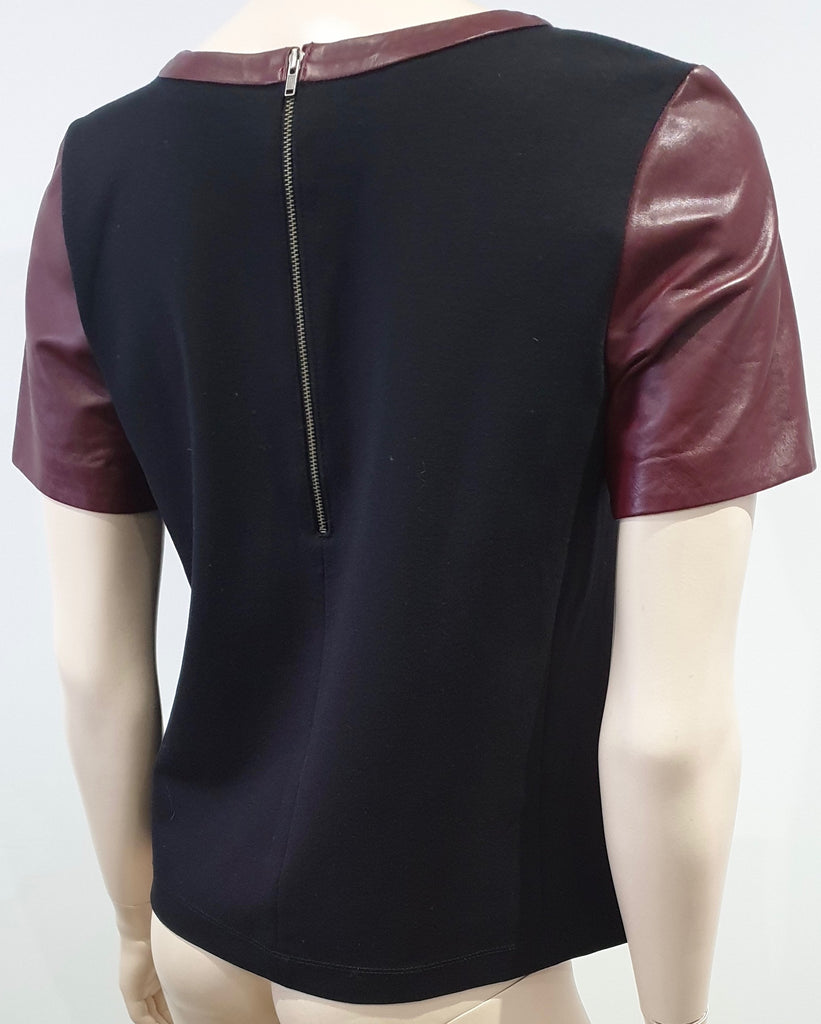 HALOGEN Burgundy Leather & Black Jersey Panelled Short Sleeve Blouse Top S