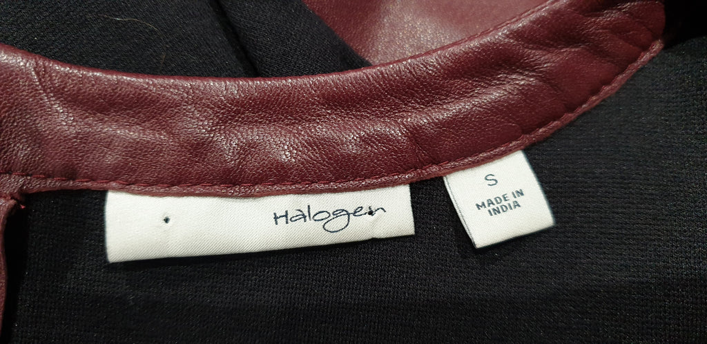 HALOGEN Burgundy Leather & Black Jersey Panelled Short Sleeve Blouse Top S