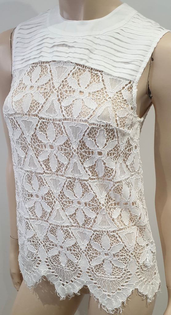 FRAME White Cotton Blend Round Neck Pleated Lace Sleeveless Tank Cami Vest Top S