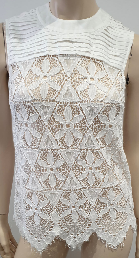 FRAME White Cotton Blend Round Neck Pleated Lace Sleeveless Tank Cami Vest Top S