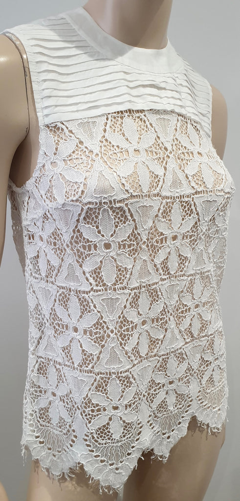 FRAME White Cotton Blend Round Neck Pleated Lace Sleeveless Tank Cami Vest Top S