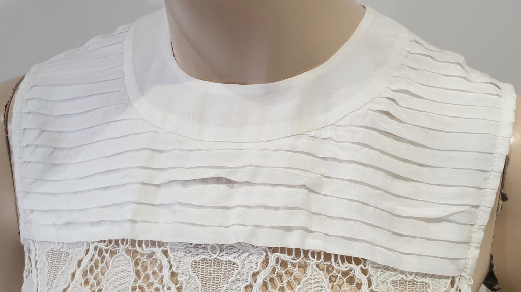 FRAME White Cotton Blend Round Neck Pleated Lace Sleeveless Tank Cami Vest Top S