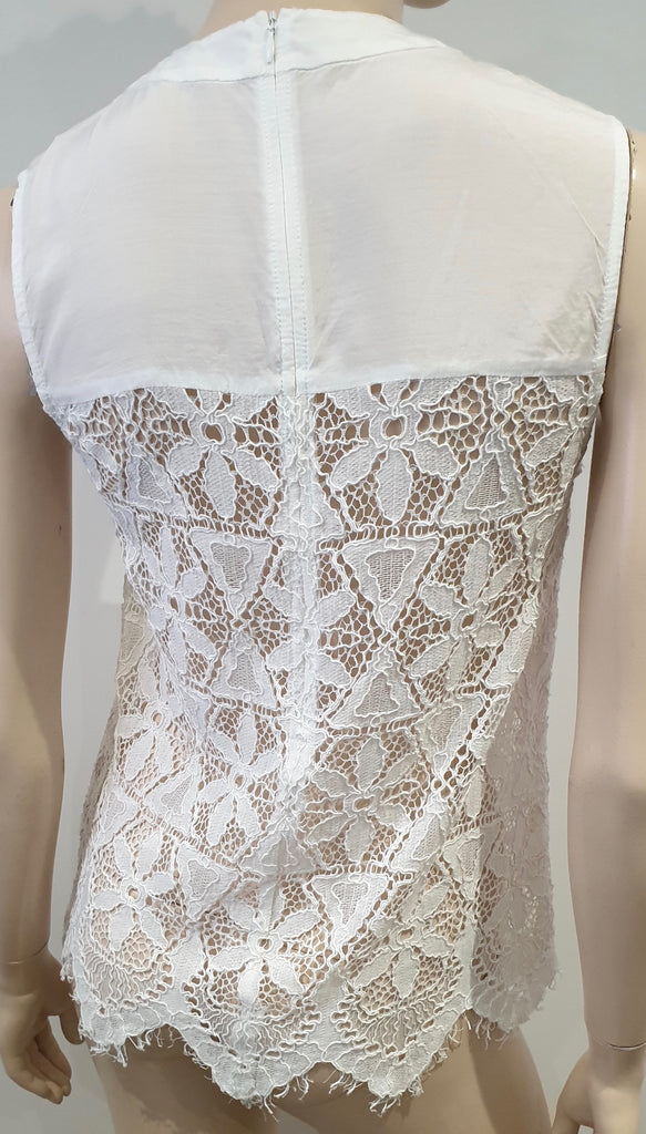 FRAME White Cotton Blend Round Neck Pleated Lace Sleeveless Tank Cami Vest Top S