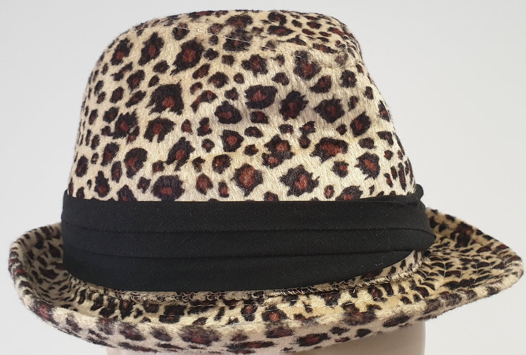 NICOLE MARCIANO Beige Brown & Black Leopard Animal Print Ribbon Trim Fedora Hat