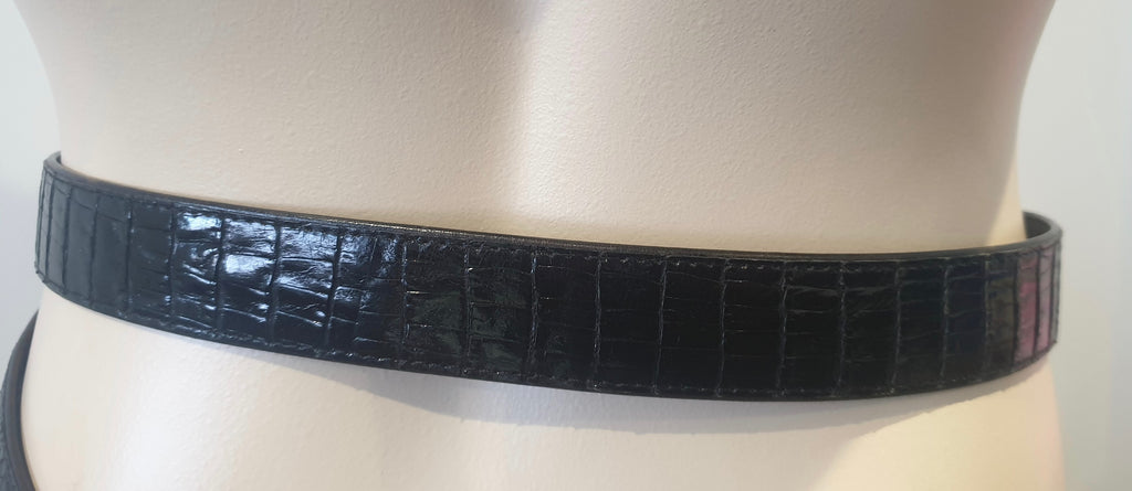 GENUINE CROCODILE SKIN Vintage Women's Black Slide Through Buckle Fastened Belt