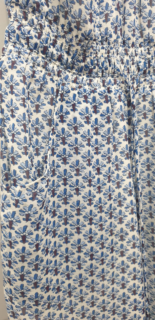 TORY BURCH Blue & White Silk Printed Halter Neck Elastic Waist Wide Leg Jumpsuit