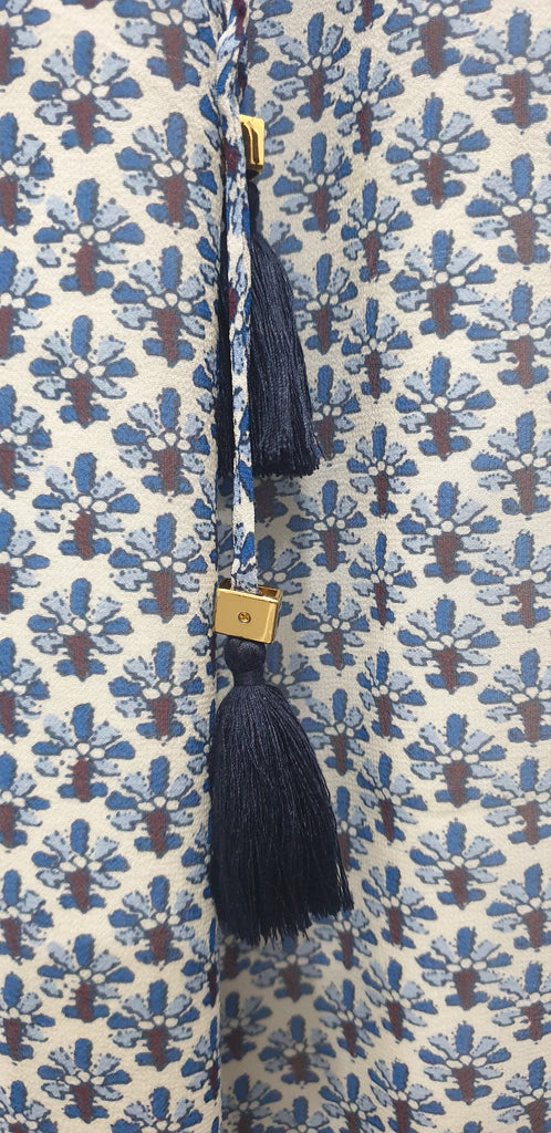 TORY BURCH Blue & White Silk Printed Halter Neck Elastic Waist Wide Leg Jumpsuit