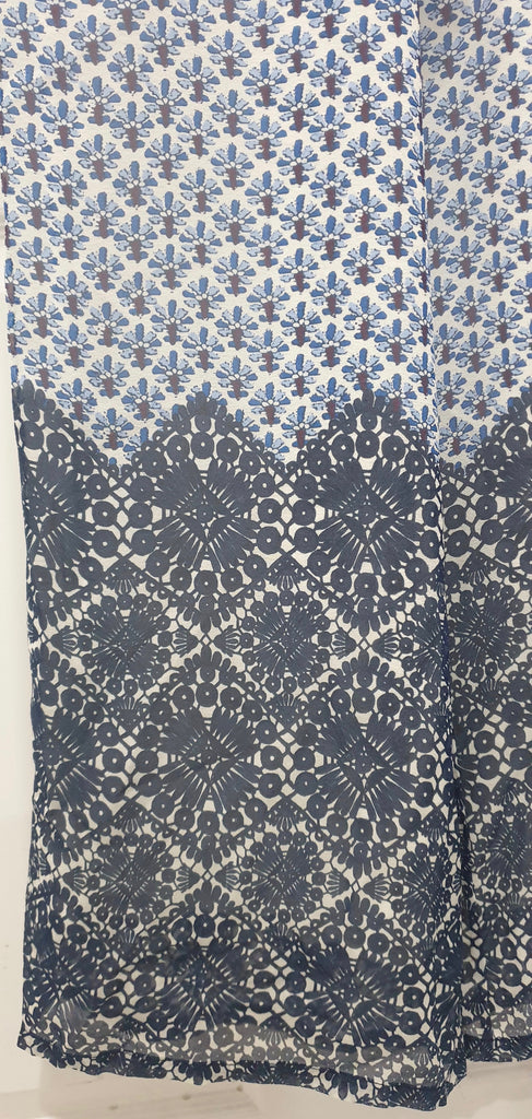 TORY BURCH Blue & White Silk Printed Halter Neck Elastic Waist Wide Leg Jumpsuit