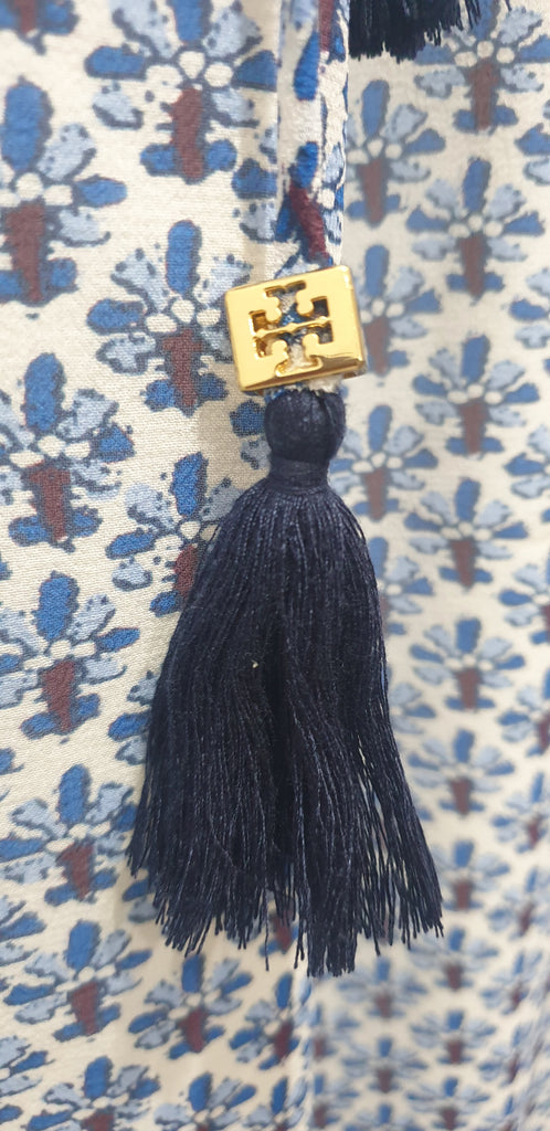 TORY BURCH Blue & White Silk Printed Halter Neck Elastic Waist Wide Leg Jumpsuit